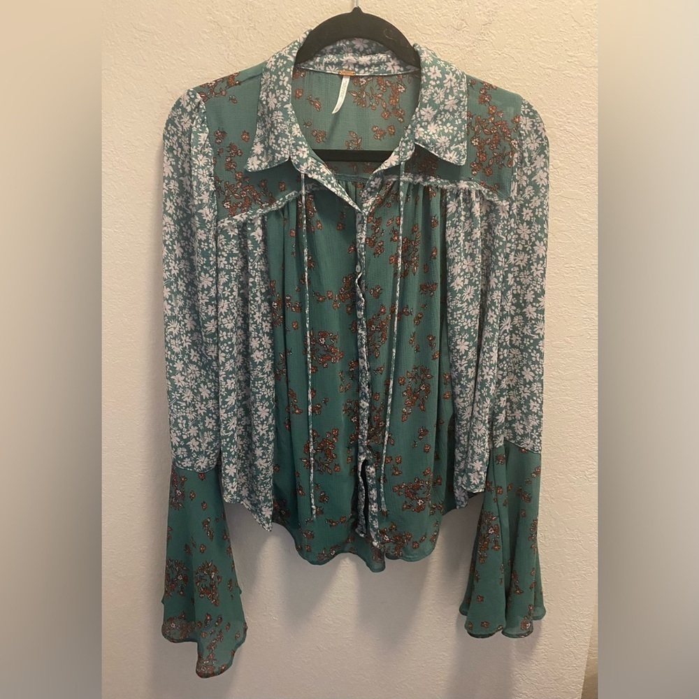 Free People Serena Emerald Floral Printed Blouse